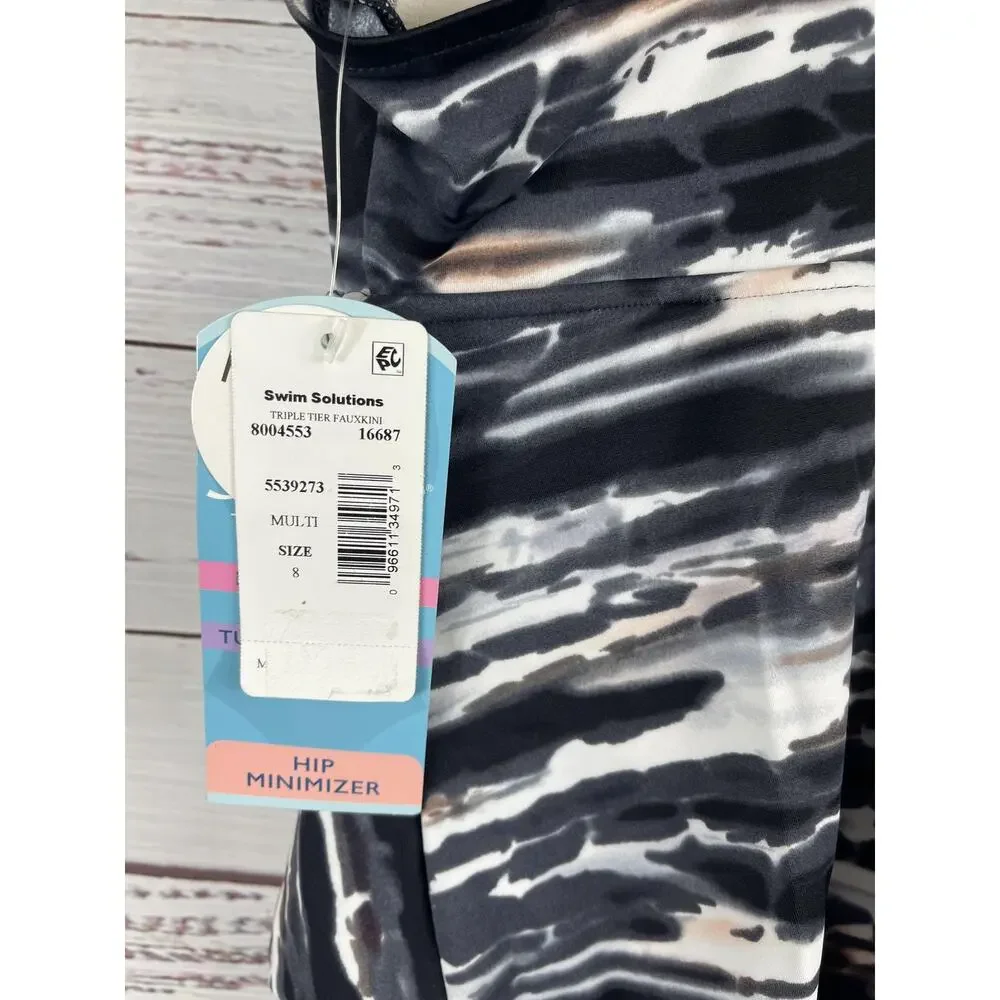 Swim Solutions 8 Triple Tier Coastal Plates Black Tiered Tummy Control One-Piece - Picture 6 of 10
